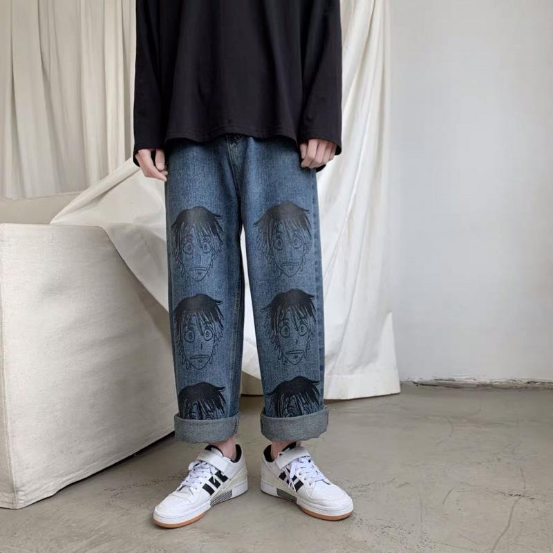 Anime Print Jeans Denim Pants Printed Boy Loose Denim Trousers Male