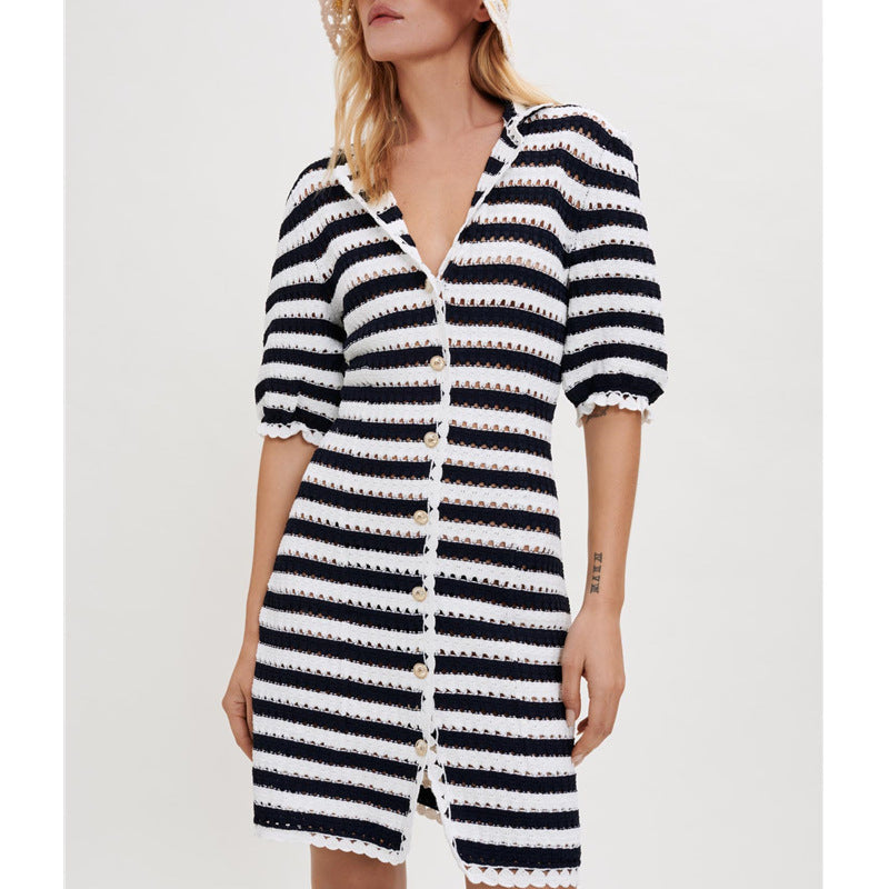 Black and White Dress Law V-neck High Waist Puff Sleeve Striped Hollow-out Knitted Dress