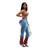 Women Plus Size Jeans Plaid Stitching Pants