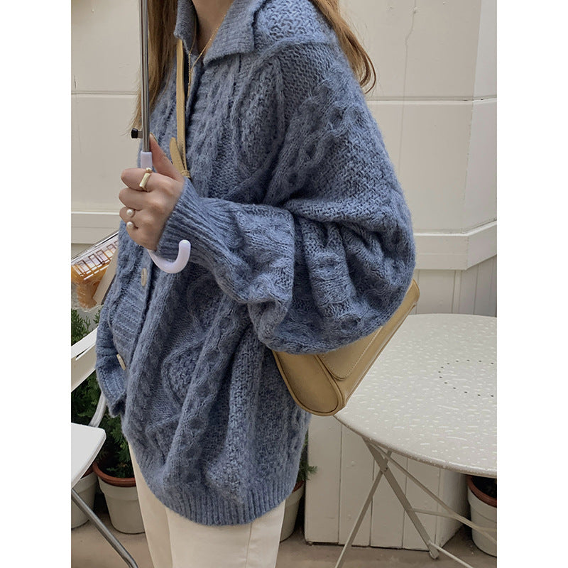 Beth Dutton Outfits Lapel Cable-Knit Sweater Coat Women's Autumn and Winter Loose Long Sleeves Outerwear Knitted Cardigan