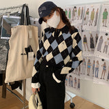 Preppy Aesthetic Outfits Diamond Plaid Contrast Color Cropped Pullover Sweater