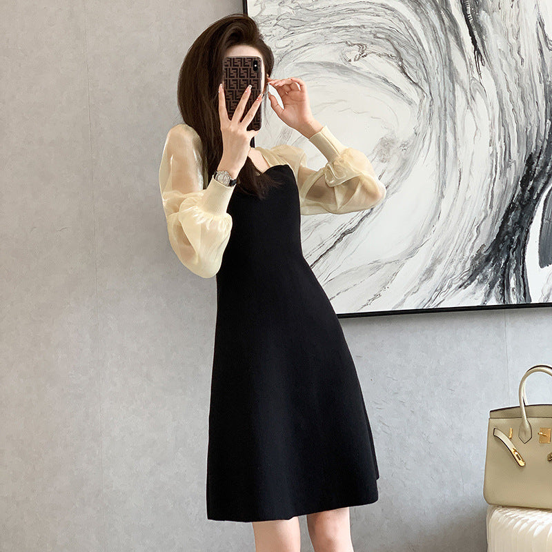 Fairy Dress Knitted Dress for Women Autumn Mesh Sleeves Mid-Length Sweater Bottoming A- line Dress