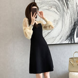Fairy Dress Knitted Dress for Women Autumn Mesh Sleeves Mid-Length Sweater Bottoming A- line Dress
