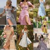 Women Exotic Dresses Summer French Style Dress Floral Slim-Fitting Split Long Dress