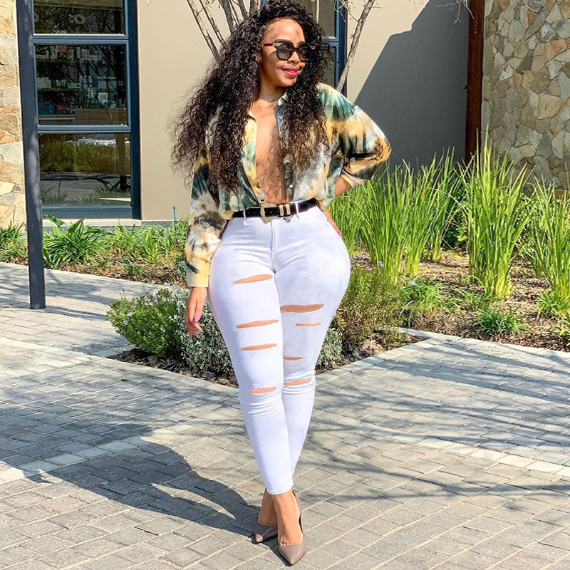 Women Plus Size Jeans Fashion Holes Denim Slim Fit Skinny Pants