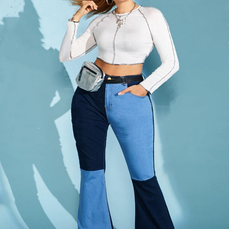 Women Plus Size Jeans Fashion Stitching Denim Wide Leg Pants Women