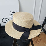 Straw Hat Flat Straw Hat Female Summer Outdoor Bow Sunhat