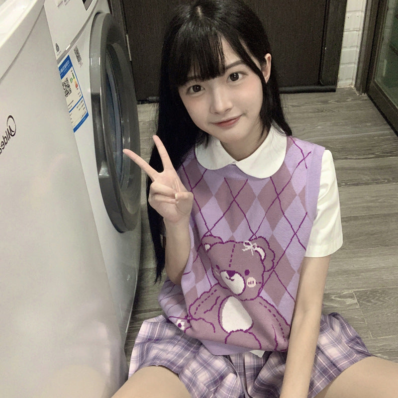 Gothic Lolita Harajuku Style Clothing Purple Floral Bear Sleeveless Sweater Vest