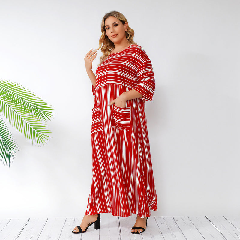 Women Plus Size Maxi Dresses Spring/Summer Double Pocket Red Striped Loose Casual Dress