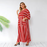 Women Plus Size Maxi Dresses Spring/Summer Double Pocket Red Striped Loose Casual Dress