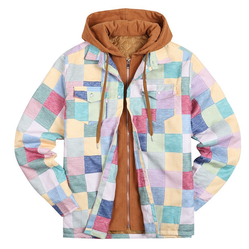 Bane Coat Plaid Long Sleeve Hooded Fake Two Pieces Cotton Padded