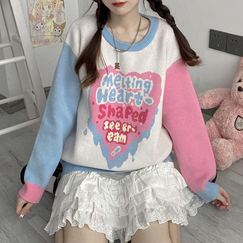 Gothic Lolita Harajuku Style Clothing Preppy Style Contrasting Blue & Pink Ice Cream Love Long Sleeve Sweater