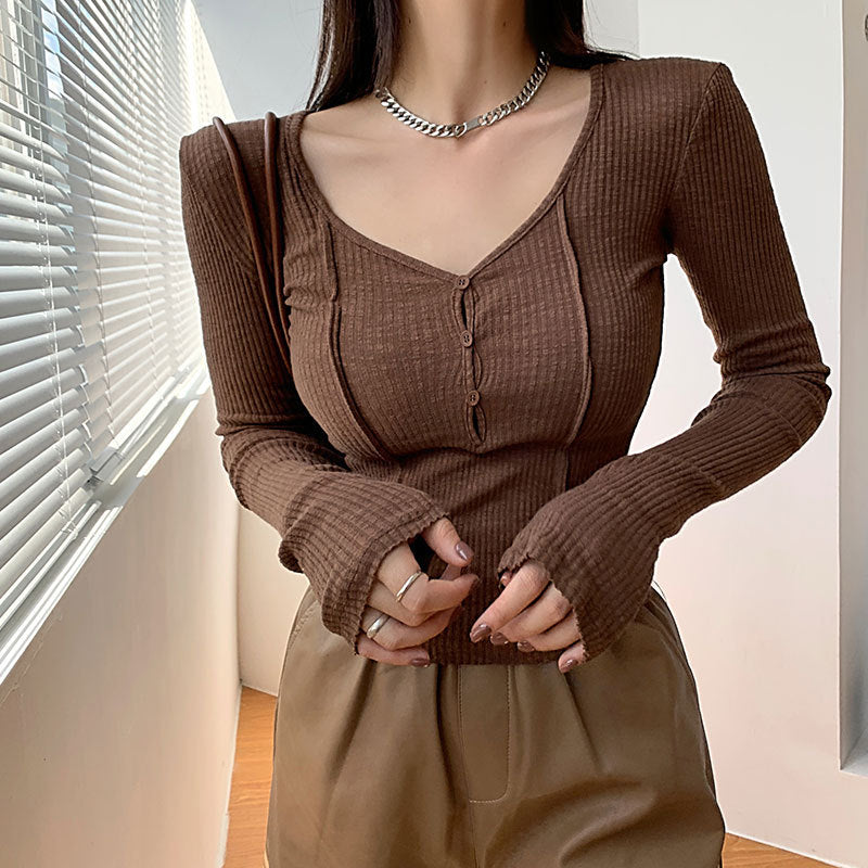 Beth Dutton Outfits Pure Desire Style T-shirt Female Short V-neck Skinny Slimming Solid Color Long Sleeve Bottoming Shirt