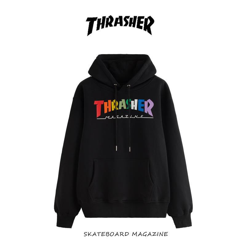Thrasher Hoodie Autumn and Winter Flame Rainbow Letters Hooded Fleece Lined Sweater