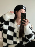Preppy Aestitic Outfits Black and White Checkerboard Plaid Knitted Sweater