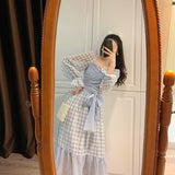 Fairy Dress Fairy Skirt Spring French Retro Bubble Long Sleeve Lace-up Ruffled Plaid Dress Midi Princess Dress