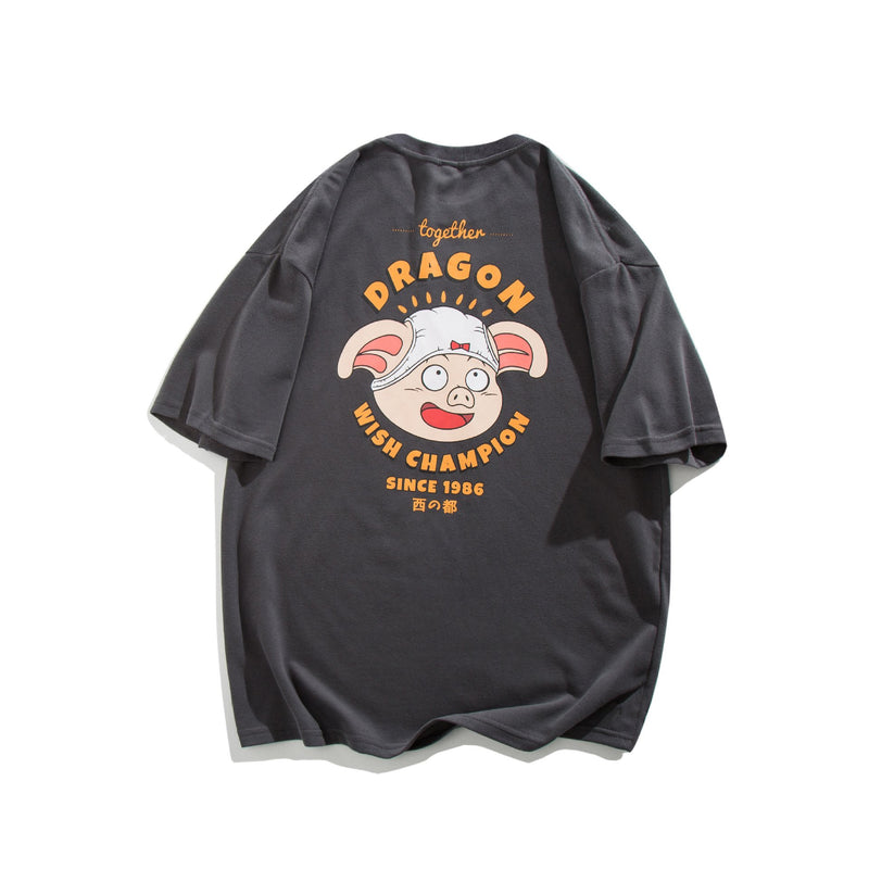 Men T Shirt Summer Casual Tops Men's Clothes Summer Wear Retro Men's round Neck Short Sleeve Casual Loose Cartoon Pig Printed T-shirt