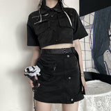 Gothic Lolita Harajuku Style Clothing Autumn Multi-Pocket Short Jacket High Waist Skirt Two-Piece Set