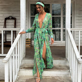 Bohemian Beach Dress Green V-neck Chiffon Floral