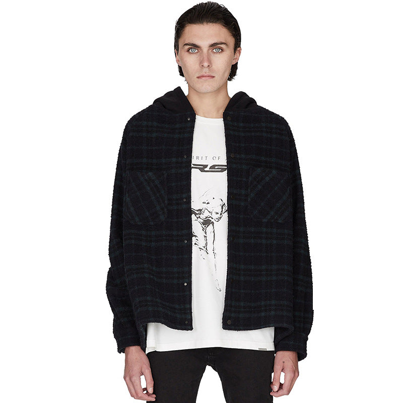 Mens Flannel Jacket Men's Pocket Autumn and Winter Loose Thickened Hooded Jacket