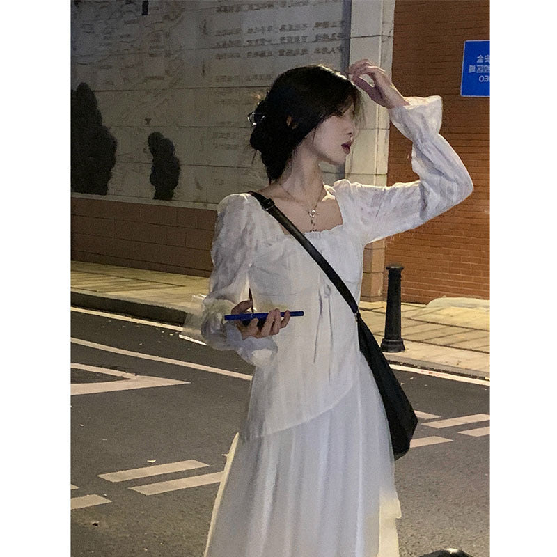 Fairy Dress White Dress Long Fairy Dress Autumn Puff Sleeve Irregular Mesh Dress