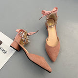 Nude Block Heel Sandals Bow Rhinestone High Heel Shoes