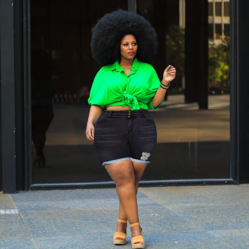 Women Plus Size Denim Shorts High Waist Hip Lift Ripped Denim Pants