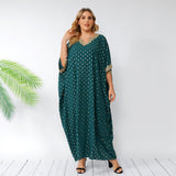 Women Plus Size Maxi Dresses Polka-Dot Loose-Fitting Batwing Sleeve Large Swing Dress