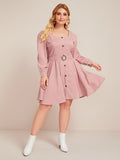 Women Plus Size Midi Dresses Long Sleeve Square-Neck Dress