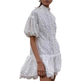 Fashion Stand Collar Puff Sleeve Single-Row Dress