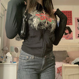 Black Rose Hoodie Rose Wings Printing Contrast Color Long Sleeves Hooded Zipper Sweatshirt