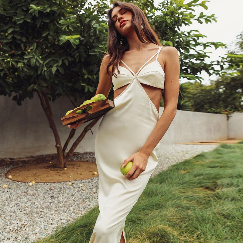 Women Summer Dresses Midi Dress Spring Dress Vacation Beach Satin Sexy Hollow-out Backless Long Dress