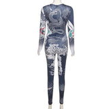 Autumn Retro Chinese Style Printed High Waist Tight Sports Jumpsuit