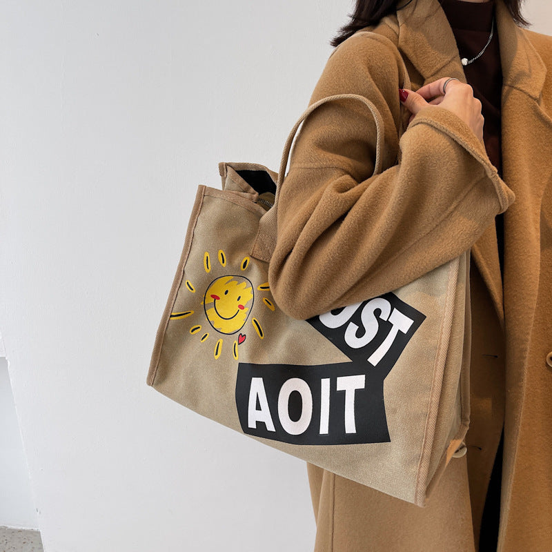 The Teacher Tote Smiley Face Canvas Big Bag Fashion Handbags Shoulder Bag Large Capacity Casual Tote Bag