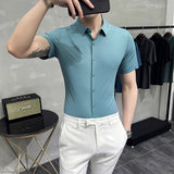 Men Shirts Short Sleeve Shirt Slim Fit Business Pure Color Lapel Bottoming Shirt