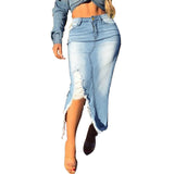 Women Plus Size Dresses Sheath Slim-Fit Ripped Split Denim Midi Dress