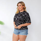 Women plus Size Tops Summer Loose Geometric Striped Short Sleeve T-shirt Casual Fashion Tops