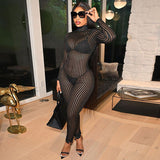 Autumn Sexy Hollow-out Striped Mock-Neck Hip Raise Skinny Sports Jumpsuit Women