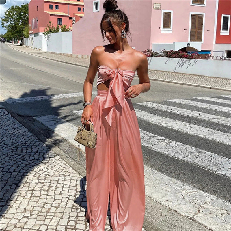 Women Top & Pant 2 Piece Set Summer Cropped Tube Top High Waist Hip Wide Leg Pants Casual Suit