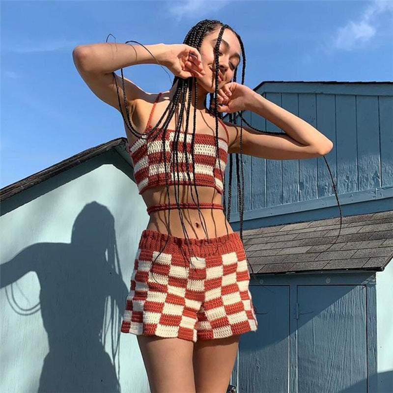 Women Top & Pant 2 Piece Set Summer Strap Backless Halter Vest High Waist Sheath Shorts Casual Suit