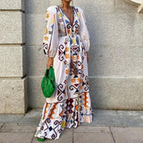 Beth Dutton Bohemian Dress Winter Autumn Midi Dresses V-neck Long Sleeve Printed Maxi Dress For Women Waist-Slimming Dress