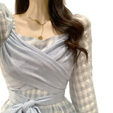 Fairy Dress Fairy Skirt Spring French Retro Bubble Long Sleeve Lace-up Ruffled Plaid Dress Midi Princess Dress