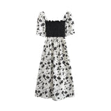 Black and White Dress Summer French Square Collar Rose Print Long Dress