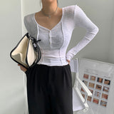 Beth Dutton Outfits Pure Desire Style T-shirt Female Short V-neck Skinny Slimming Solid Color Long Sleeve Bottoming Shirt