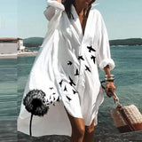 Women Bohemian Dress Summer Loose Lapel Long Sleeves Printed Dress