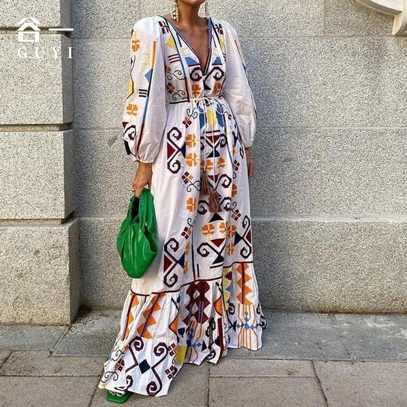 Beth Dutton Bohemian Dress Winter Autumn Midi Dresses V-neck Long Sleeve Printed Maxi Dress For Women Waist-Slimming Dress