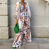Beth Dutton Bohemian Dress Winter Autumn Midi Dresses V-neck Long Sleeve Printed Maxi Dress For Women Waist-Slimming Dress