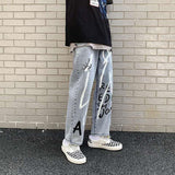 Anime Print Jeans Denim Pants Denim Loose Wide-Leg Straight Trousers Men