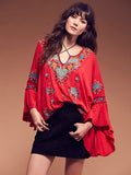 Women Top Summer V-neck Embroidered Cotton and Linen Bell Sleeve