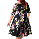 Women Plus Size Midi Dresses Middle-Sleeve Floral-Print Large Swing A- Line Dress